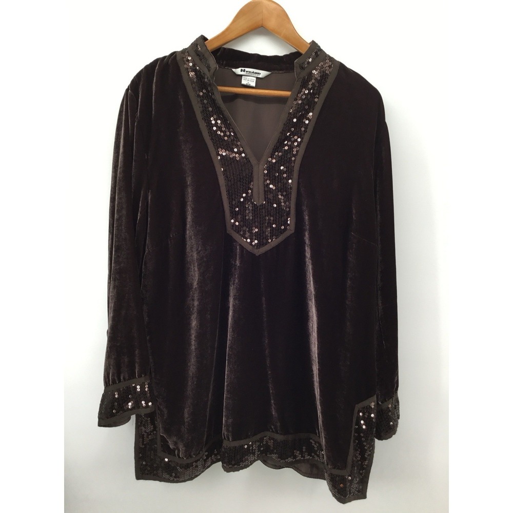 Peter Nygard Sz 18 Velvet Tunic Long Sleeves Brown Fancy Evening Beaded FF26